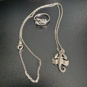Silver Scorpion Pendant Necklace and Ring Set - Women Jewelry
